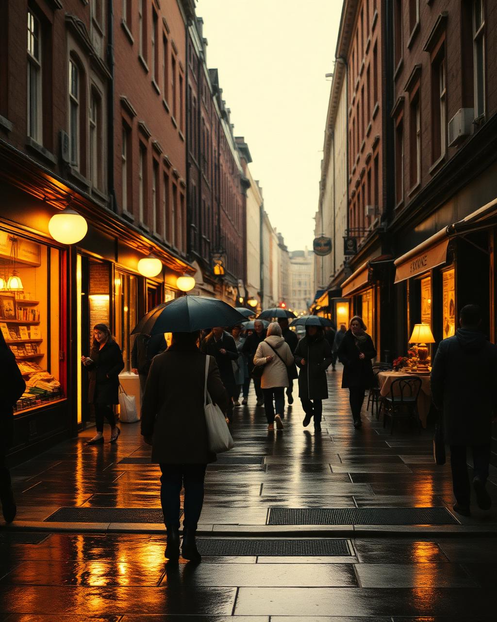 Rainy street market at dusk with warm shopfront lights and people walking past under umbrellas