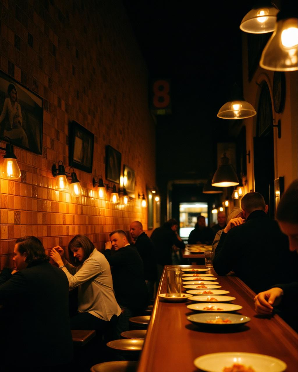 Warmly lit tapas bar in Seville with small plates along a wooden counter and people in conversation