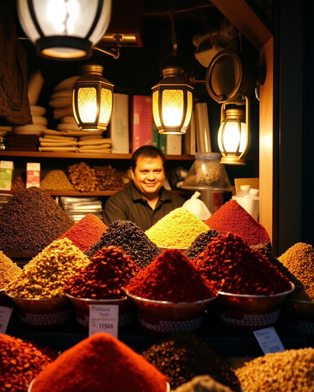 Spice market stall in Istanbul lit by hanging lanterns, with a smiling vendor behind mounds of spices