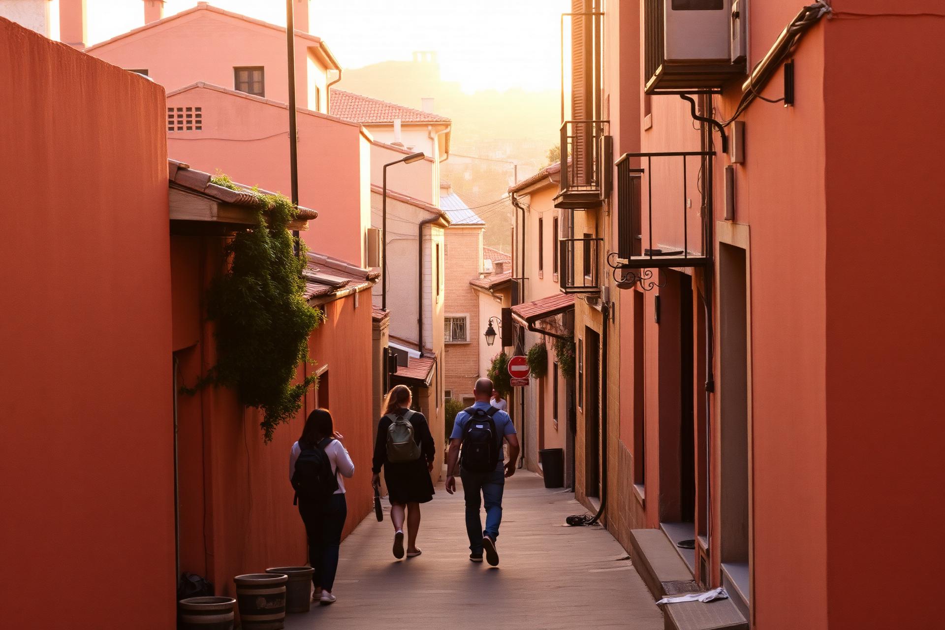 Travellers walking down a narrow terracotta-walled lane in a Mediterranean hill town at golden hour