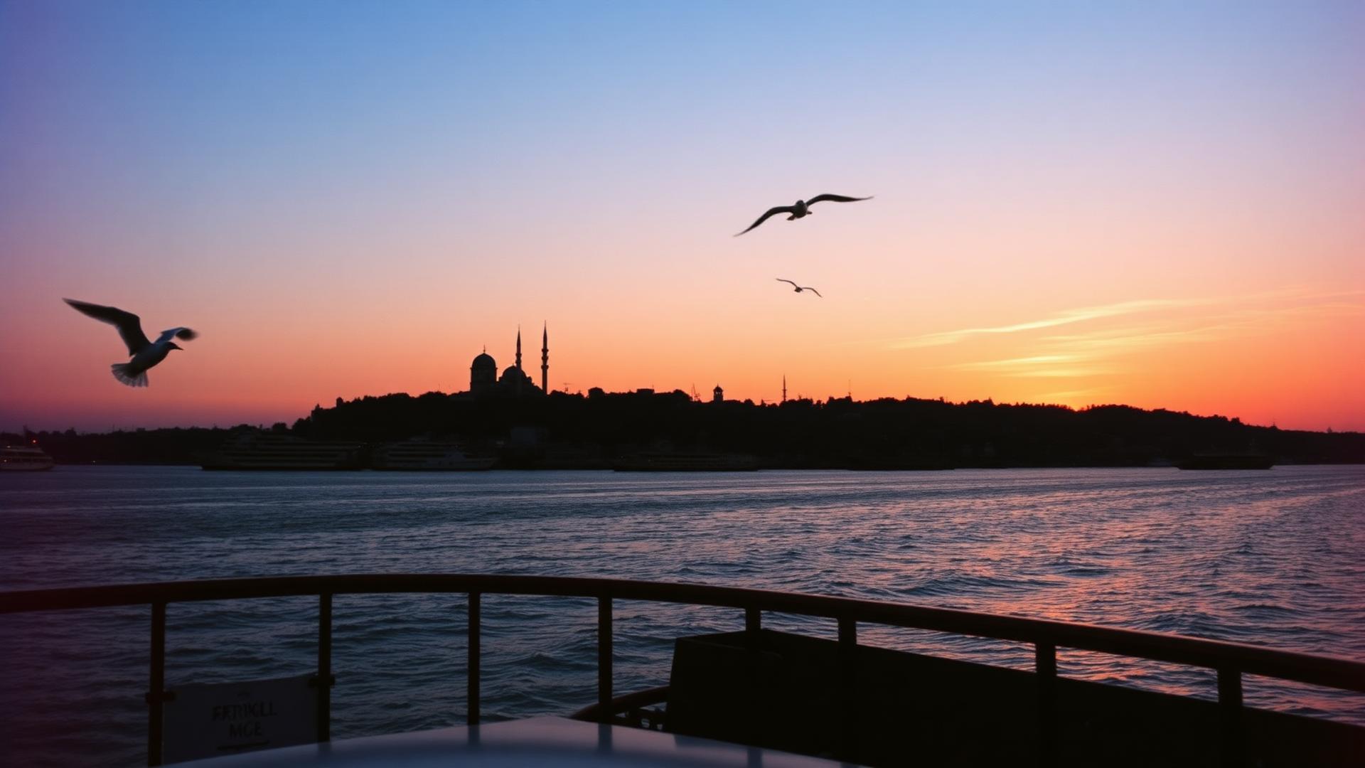 Sunset over the Bosphorus seen from a ferry deck in Istanbul, with minarets on the skyline